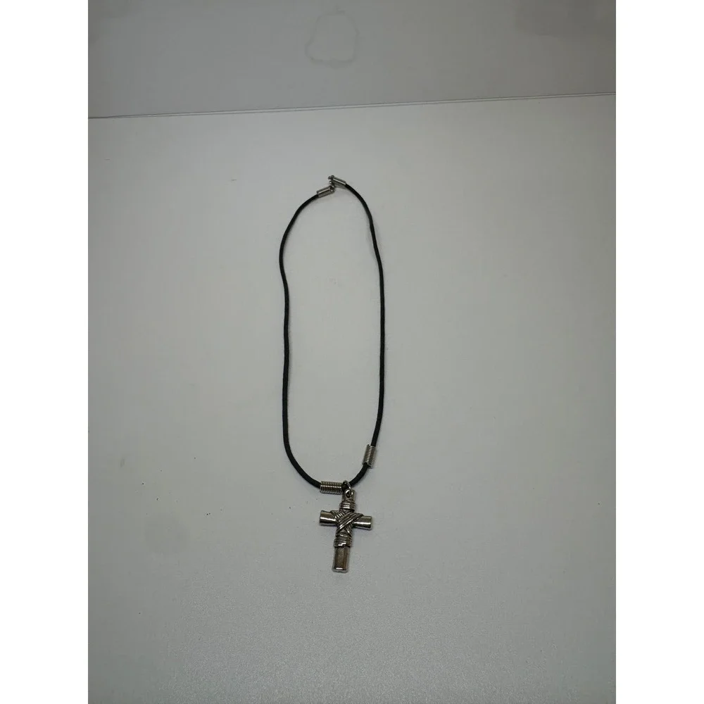 Silver Tone Wire Wrapped Cross Pendant Black Cord Necklace Industrial Biker